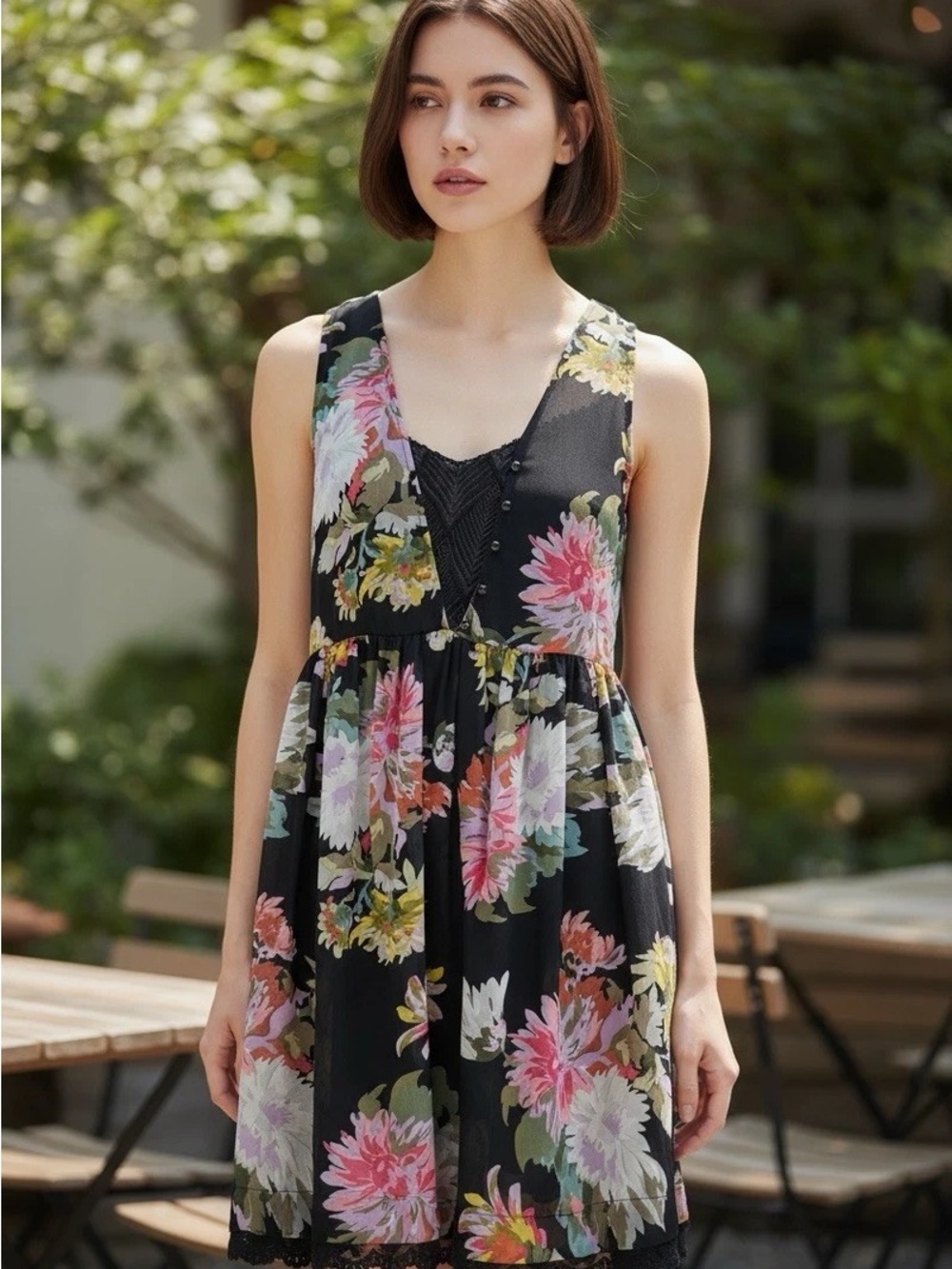 Anthropologie Black Floral V-Neck Tiered Mini Dress